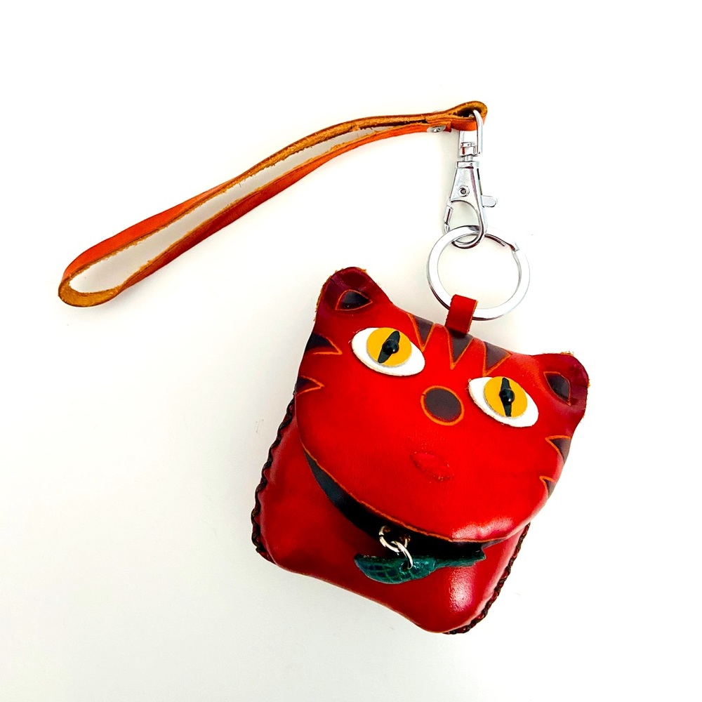 Made in Canada Leather Red Cat Handmade Chain Coin Wallet with Key Holder